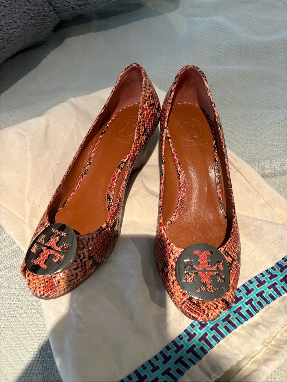 Tory Burch Women's Rust Snake-Print Logo Wedges